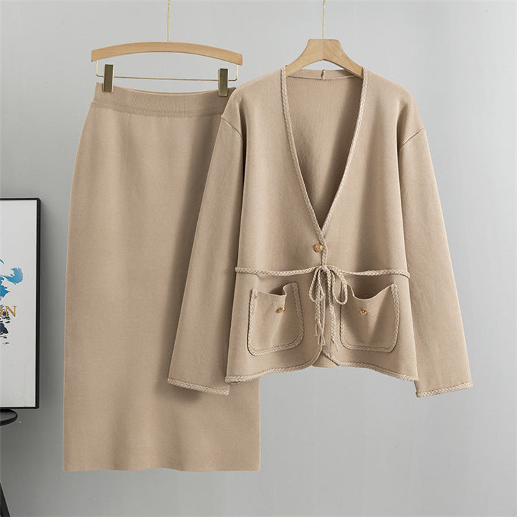 Patch Pocket Knit Cardigan And Pencil Skirt Set
