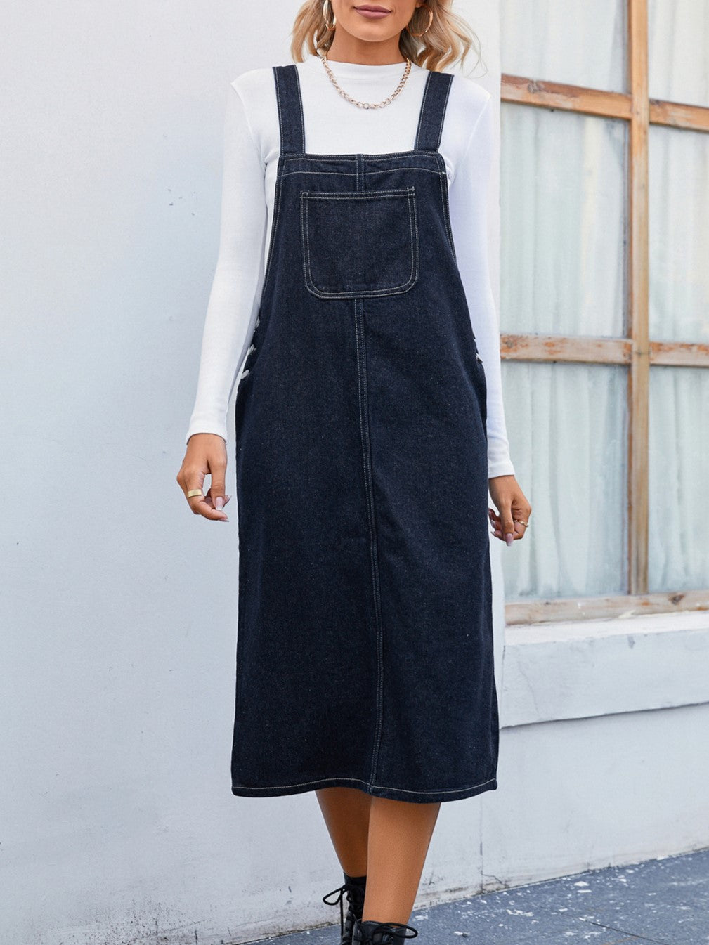 Side Button Denim Pinafore Midi Dress