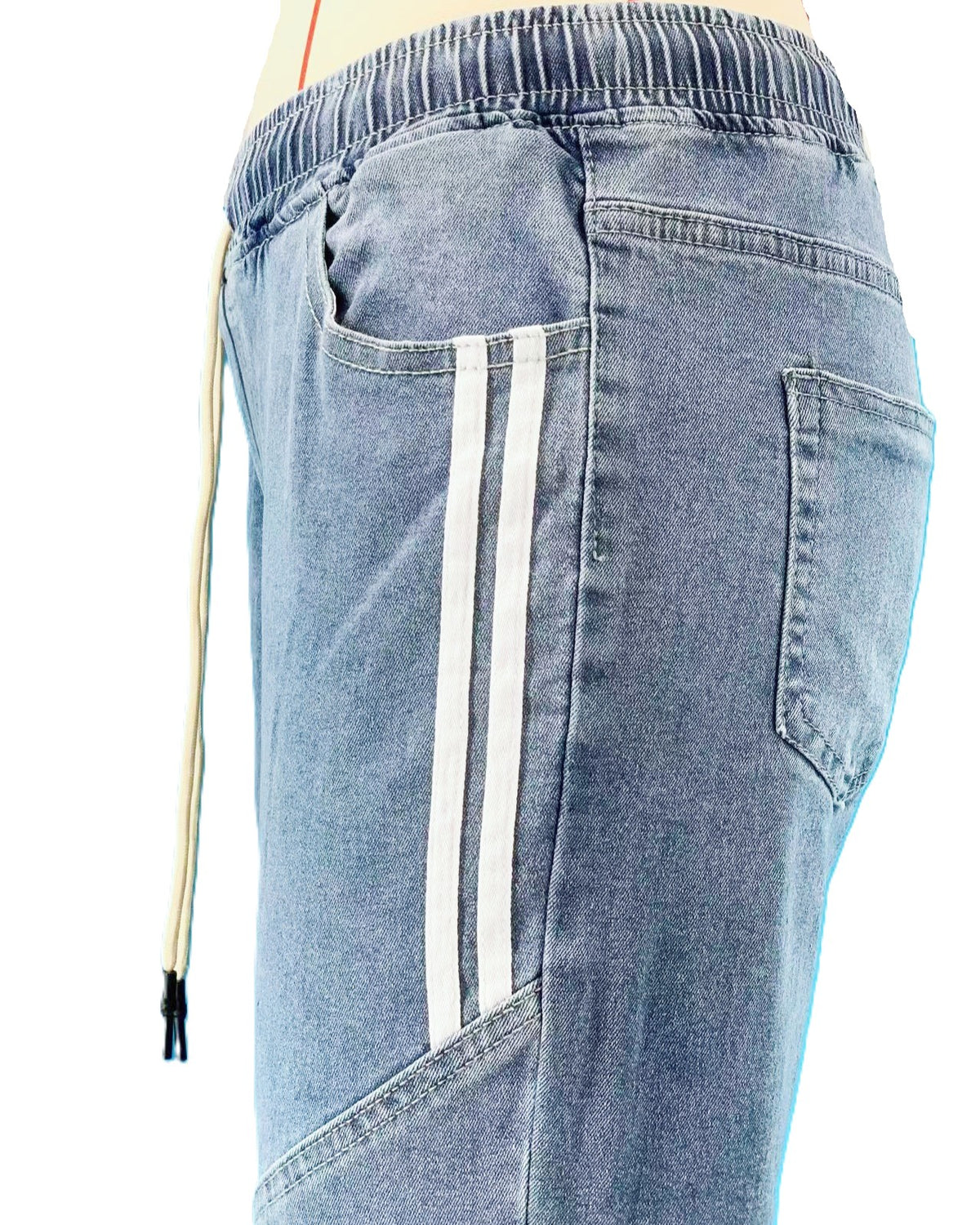 Drawstring Waist Side Stripe Tapered Jeans - Blue - 2