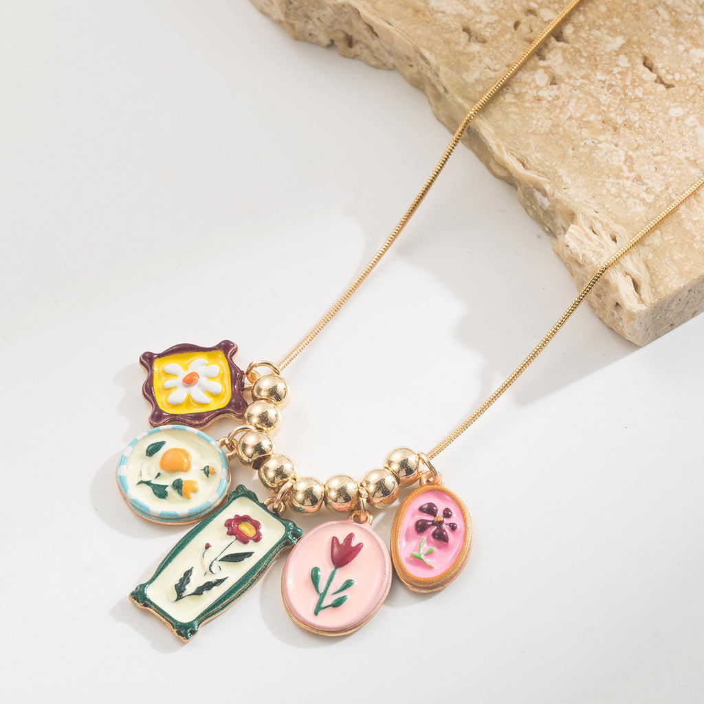 Wildflower Enamel Charm Necklace & Earring Set - Green