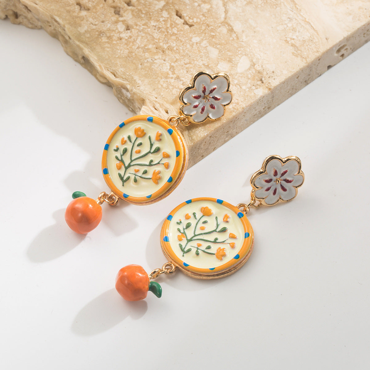 Wildflower Enamel Charm Necklace & Earring Set - Orange