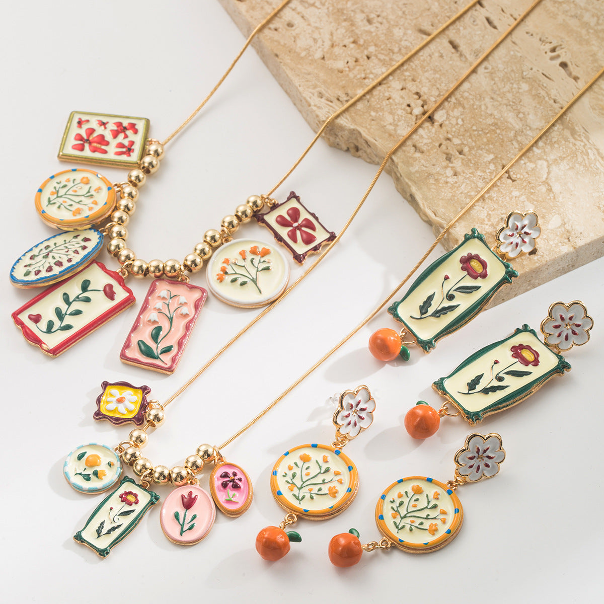 Wildflower Enamel Charm Necklace & Earring Set - Orange - 2