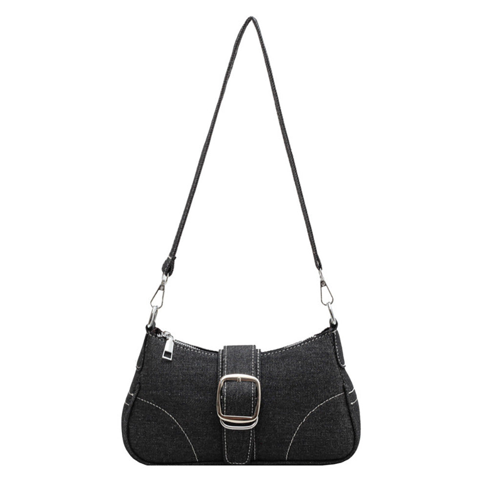 Buckle Front Denim Baguette Shoulder Bag - Black