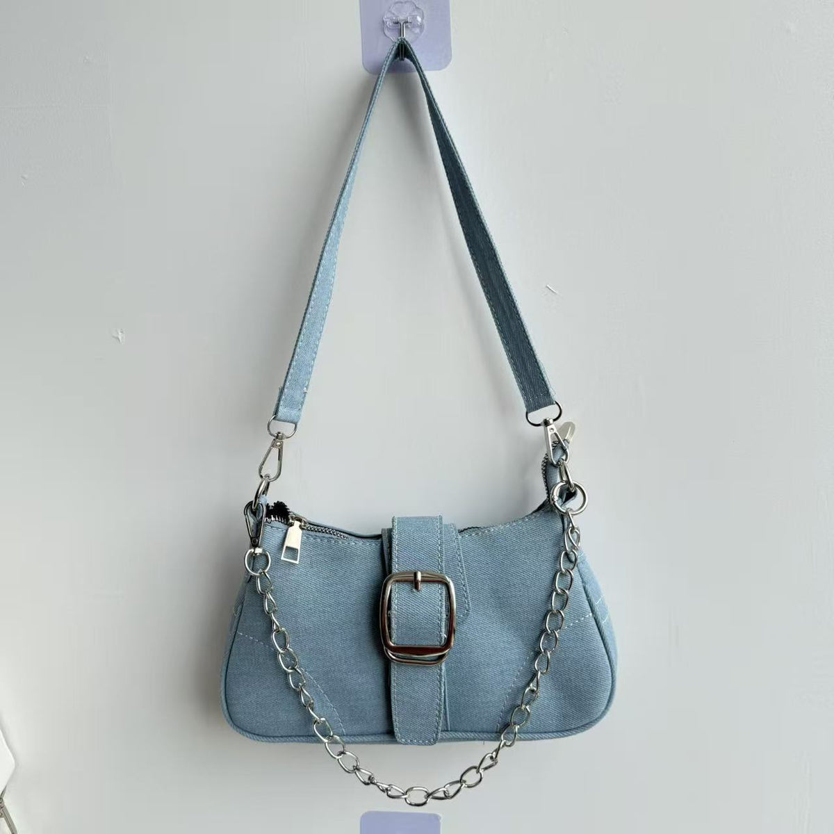 Buckle Front Denim Baguette Shoulder Bag - Light-Blue