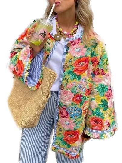 Bloom Print Quilted Bell Sleeve Jacket - Floral