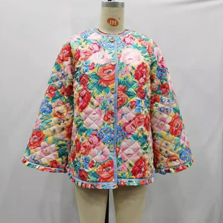 Bloom Print Quilted Bell Sleeve Jacket - Floral - 1