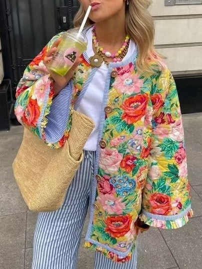 Bloom Print Quilted Bell Sleeve Jacket - Floral - 14