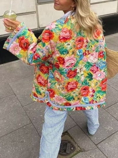 Bloom Print Quilted Bell Sleeve Jacket - Floral - 16
