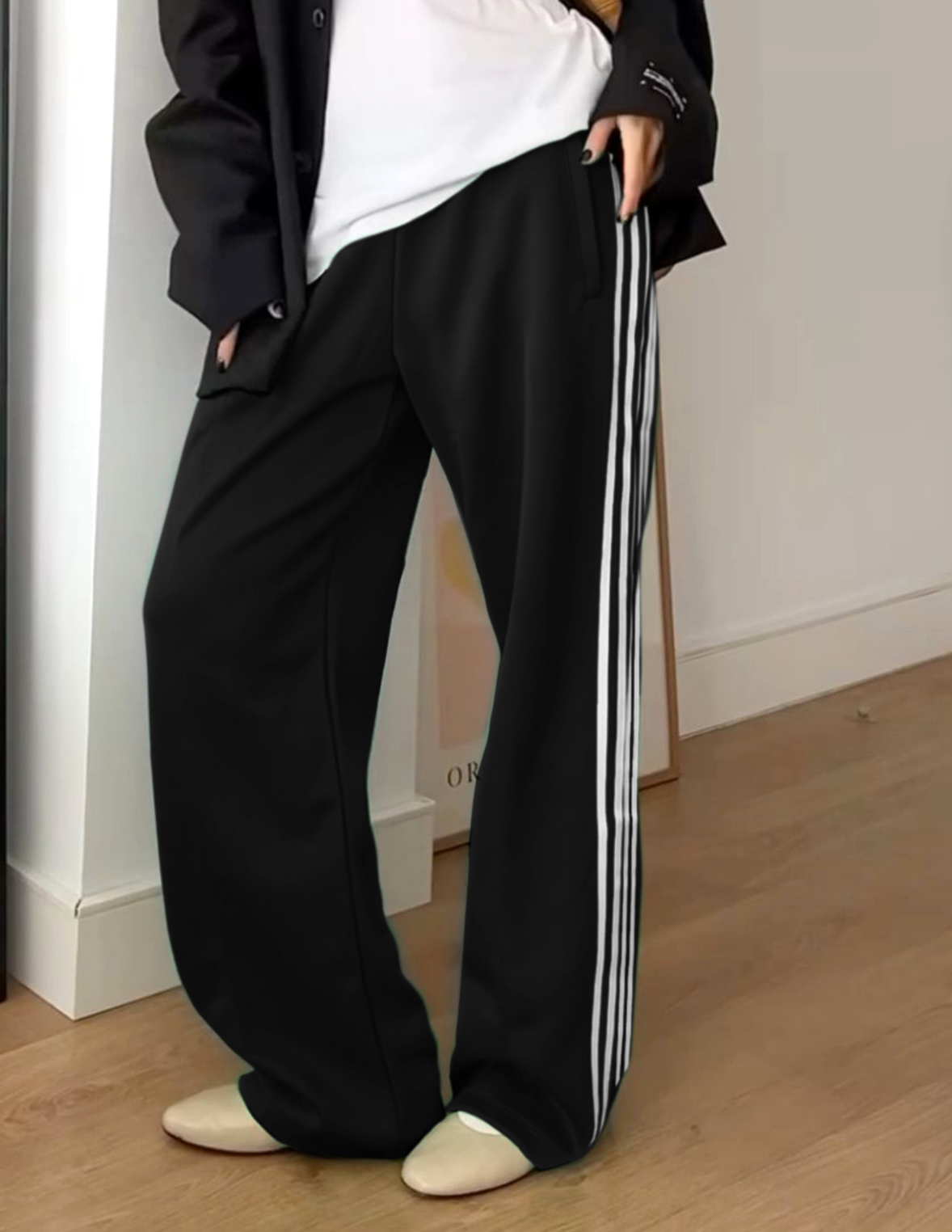 Retro Racing Stripe Wide Leg Sweatpants - Black - 1