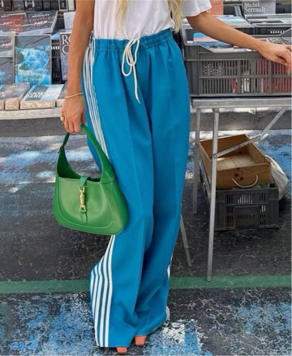 Retro Racing Stripe Wide Leg Sweatpants - Blue