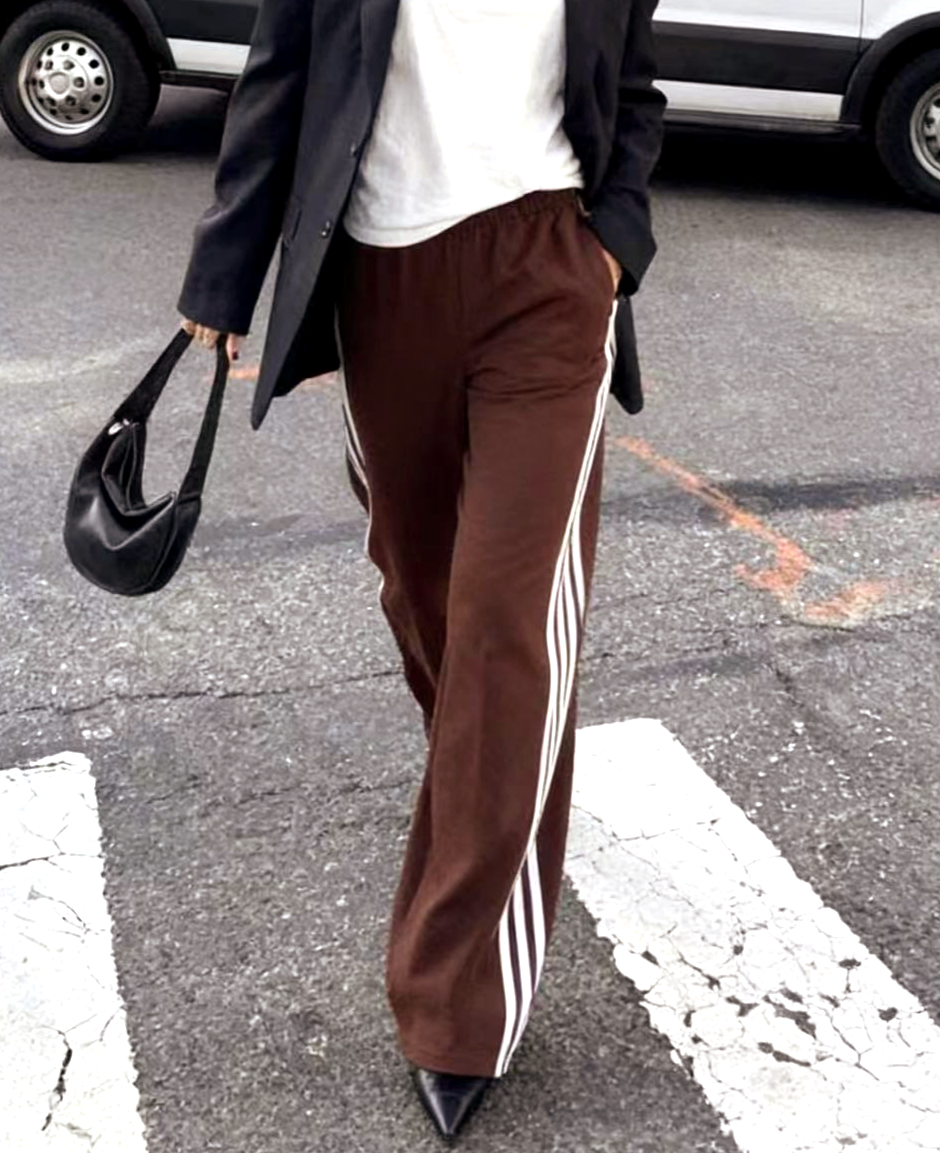 Retro Racing Stripe Wide Leg Sweatpants - Coffee - 1