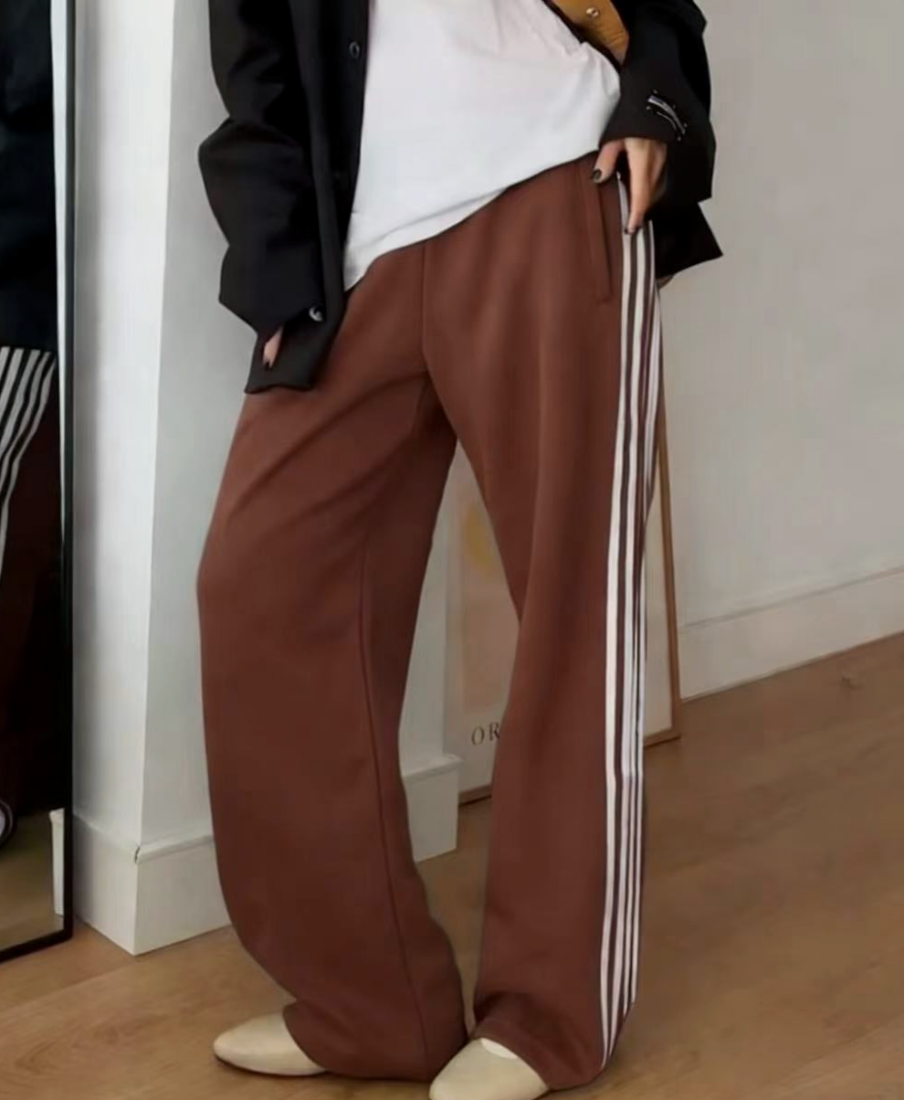 Retro Racing Stripe Wide Leg Sweatpants - Coffee - 2