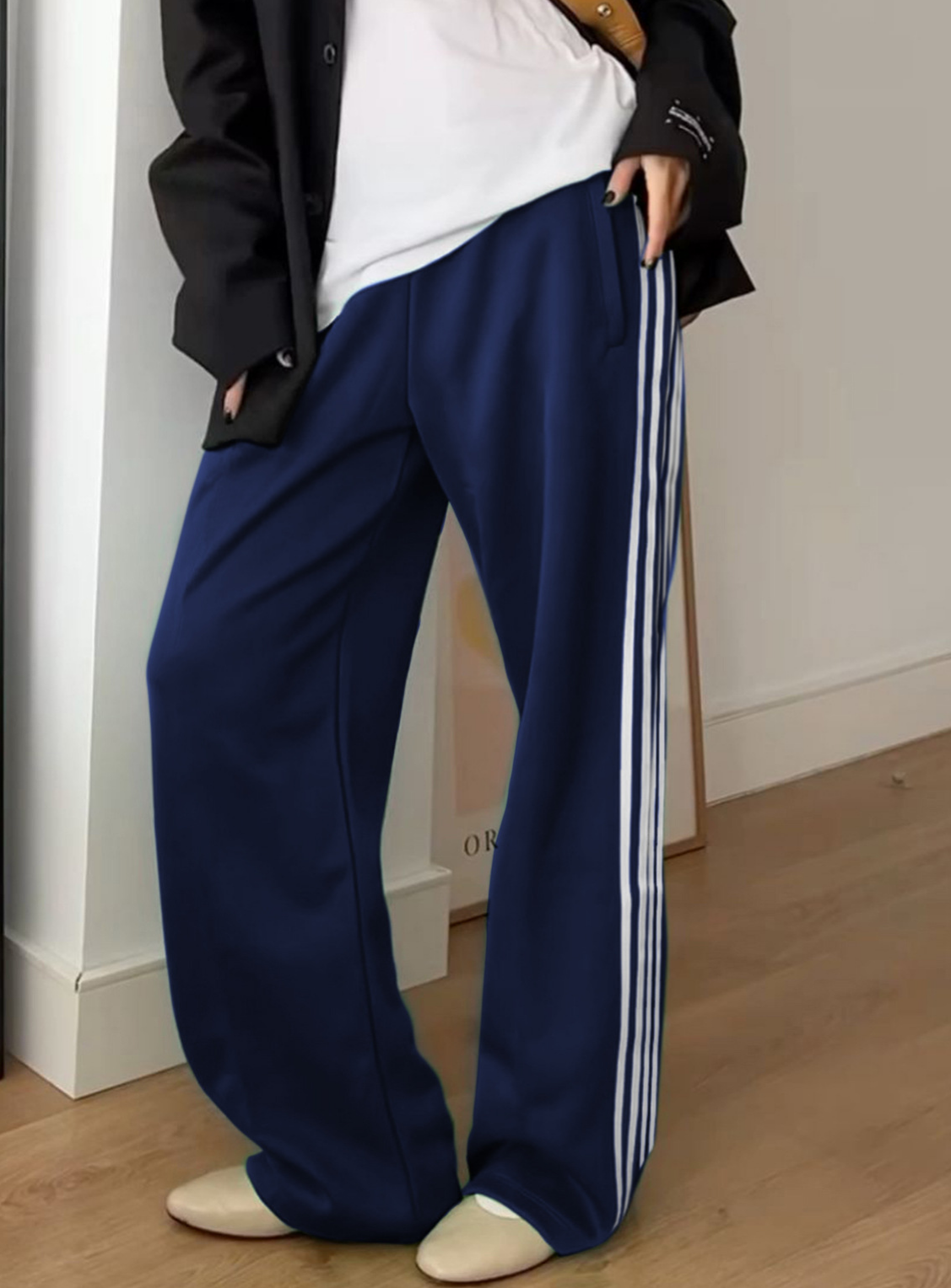 Retro Racing Stripe Wide Leg Sweatpants - DarkBlue
