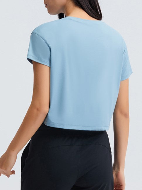 Lightweight Cropped Crew Neck Workout Tee - Blue - 2