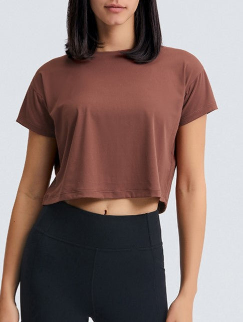 Lightweight Cropped Crew Neck Workout Tee - Brown - 1