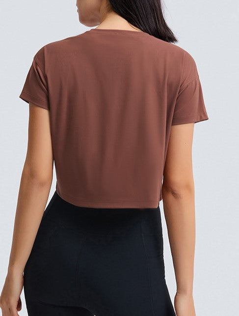 Lightweight Cropped Crew Neck Workout Tee - Brown - 2