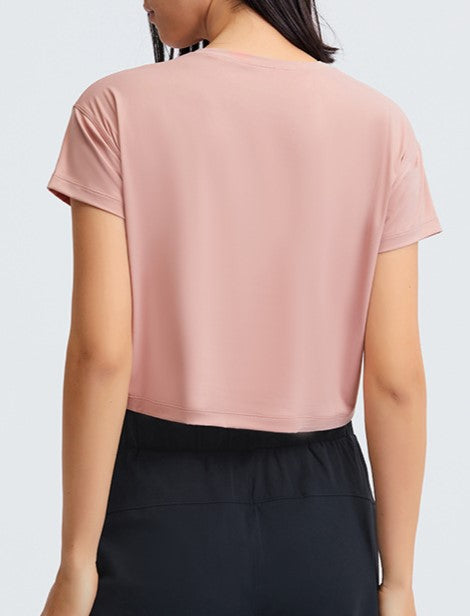 Lightweight Cropped Crew Neck Workout Tee - Pink - 2