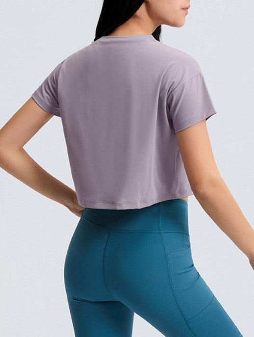 Lightweight Cropped Crew Neck Workout Tee - Purple - 2