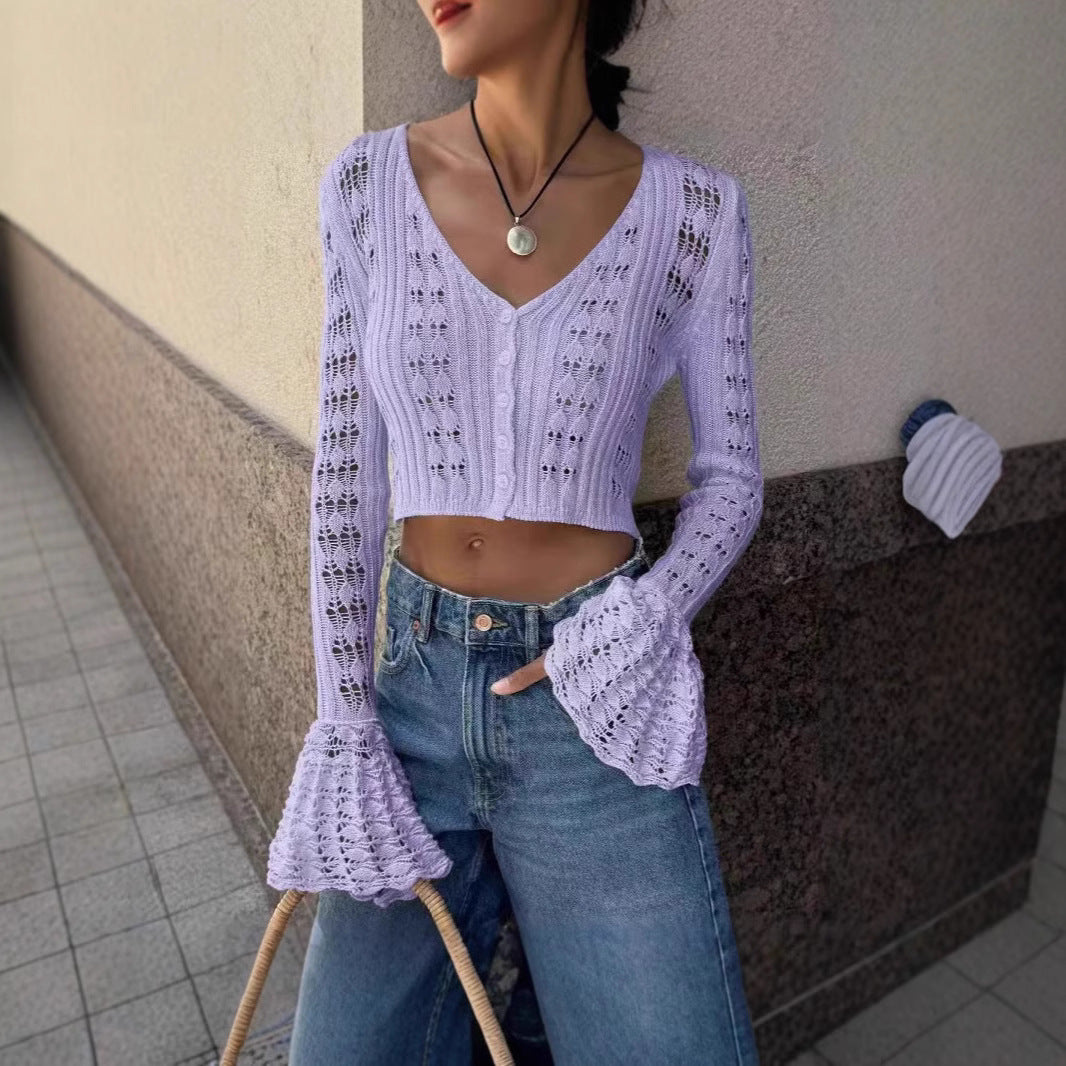 Pointelle Knit Flare Sleeve Crop Top - Purple