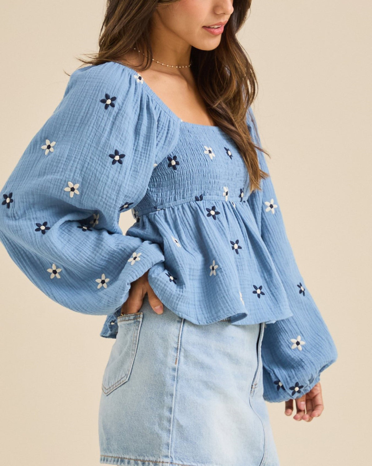 Floral Embroidered Smocked Square Neck Blouse - Blue