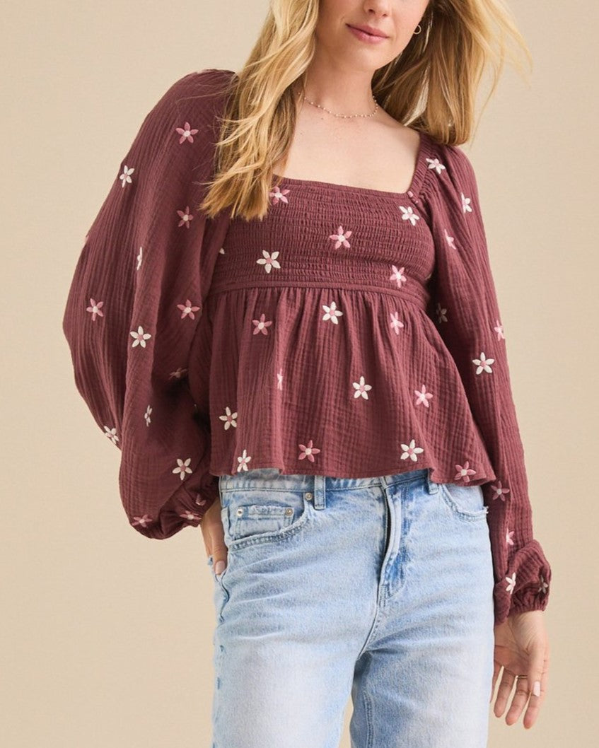 Floral Embroidered Smocked Square Neck Blouse - Burgundy