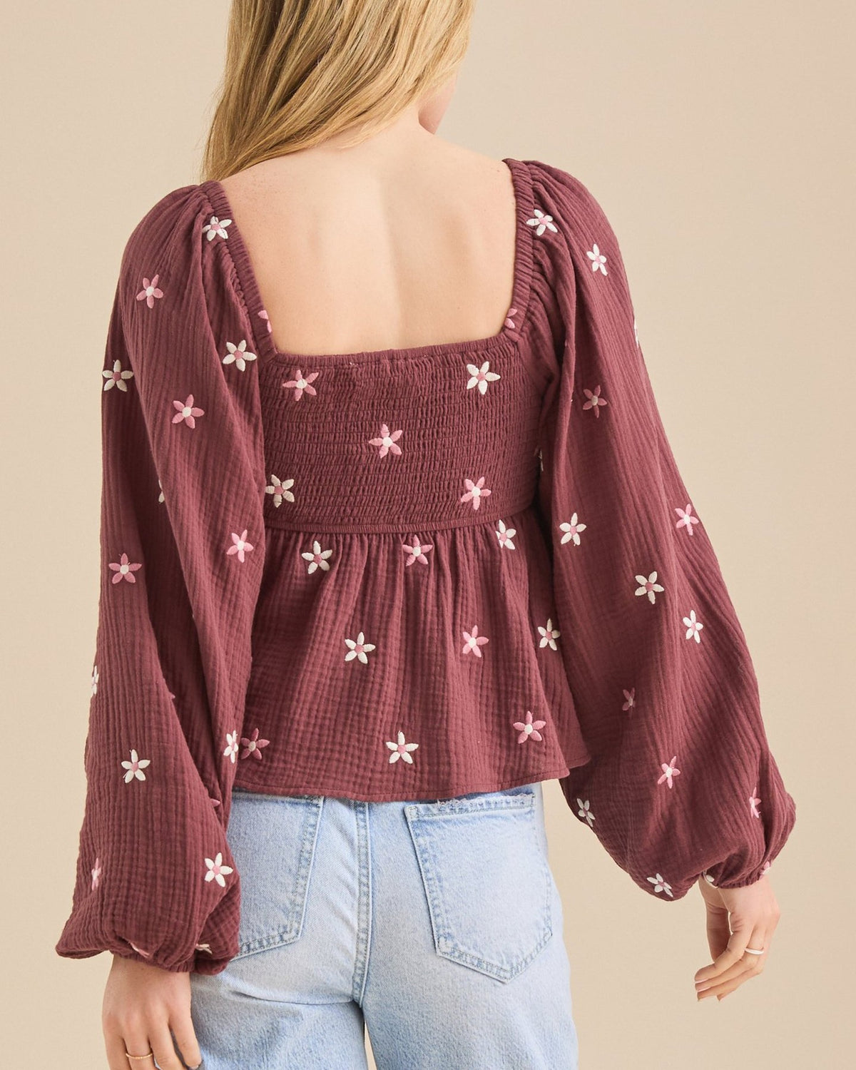 Floral Embroidered Smocked Square Neck Blouse - Burgundy - 1