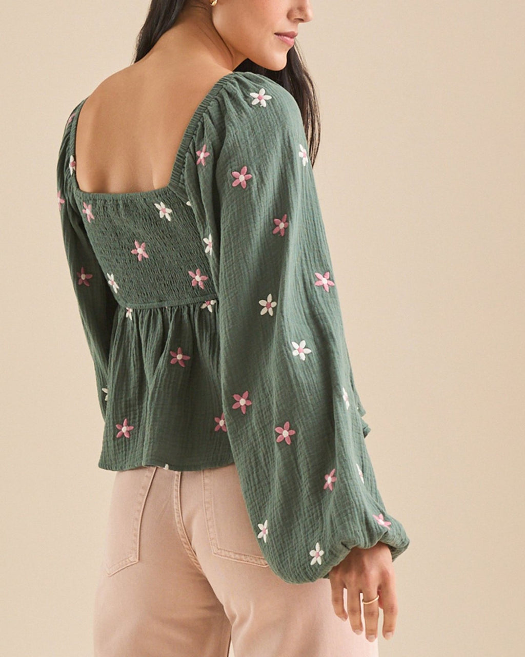 Floral Embroidered Smocked Square Neck Blouse - Green - 1