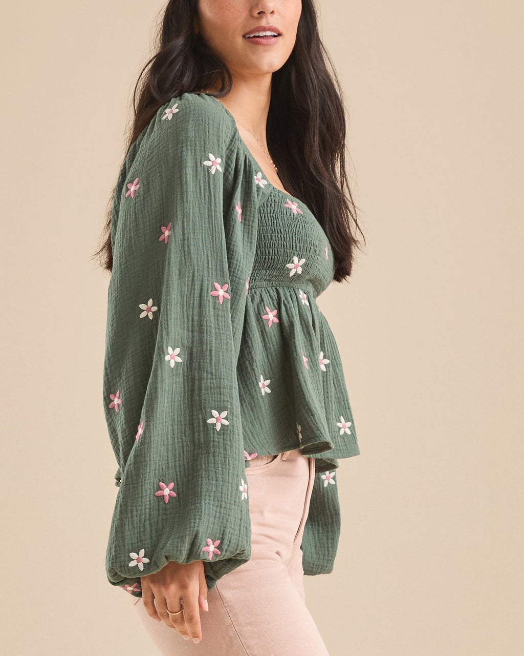 Floral Embroidered Smocked Square Neck Blouse - Green - 2