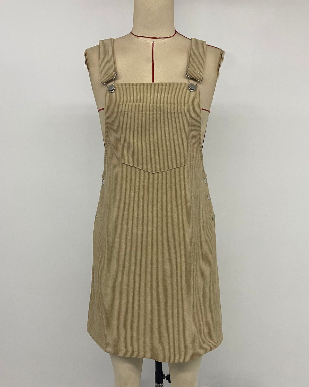 Corduroy Pinafore Overall Mini Dress - Khaki