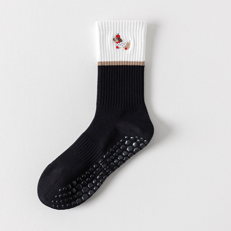 Dachshund Embroidered Two-Tone Ribbed Crew Grip Socks - Black
