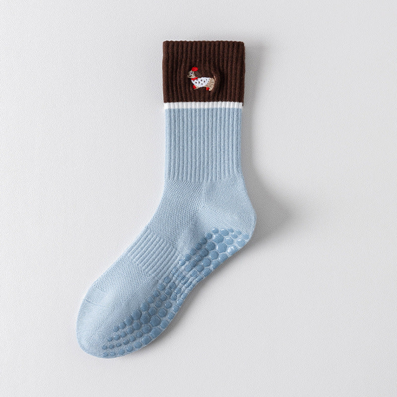 Dachshund Embroidered Two-Tone Ribbed Crew Grip Socks - Blue