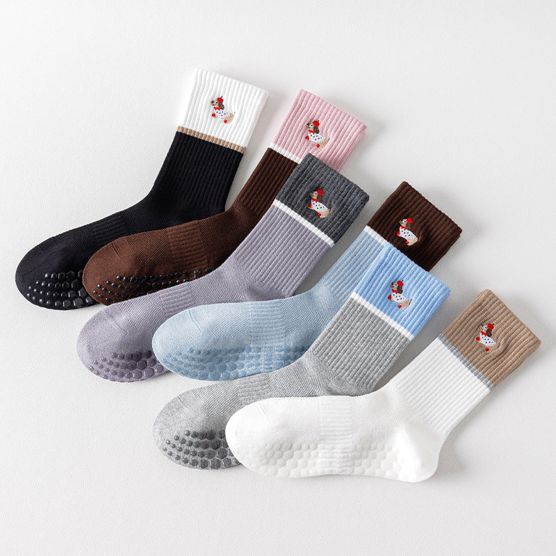 Dachshund Embroidered Two-Tone Ribbed Crew Grip Socks - Blue - 1