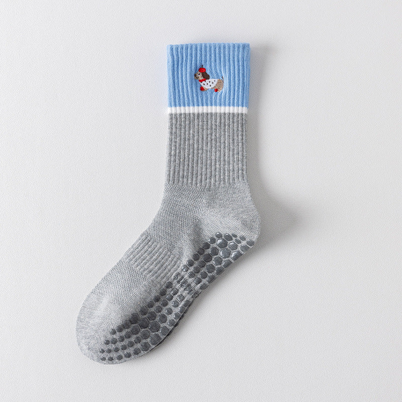 Dachshund Embroidered Two-Tone Ribbed Crew Grip Socks - Grey