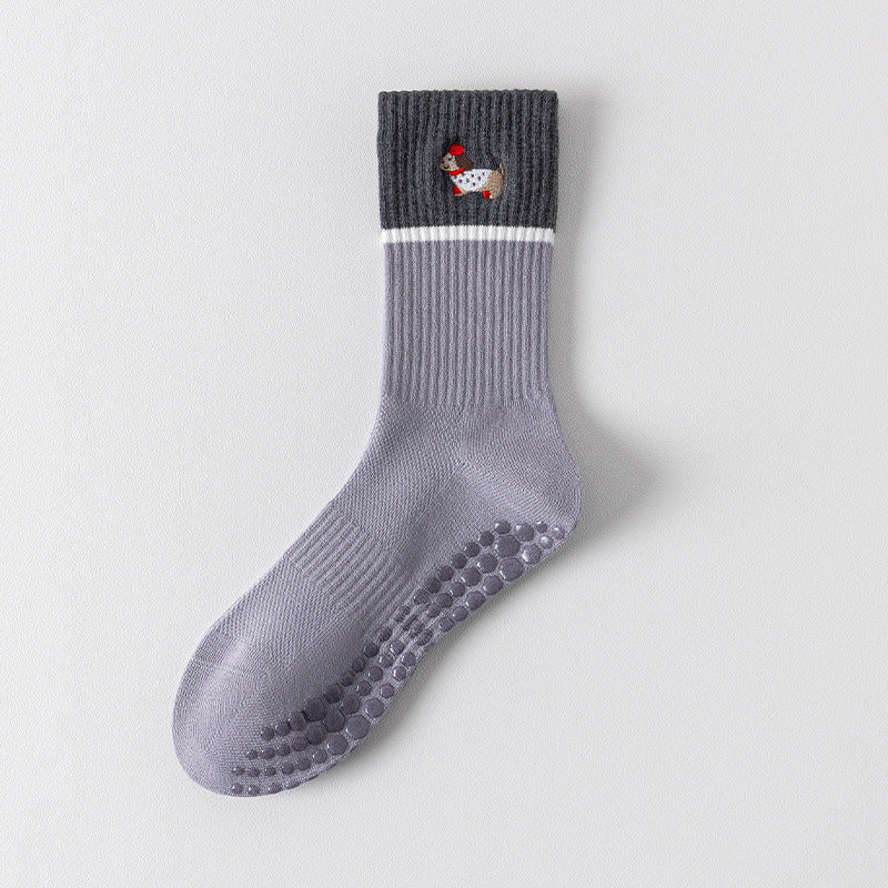 Dachshund Embroidered Two-Tone Ribbed Crew Grip Socks - Purple