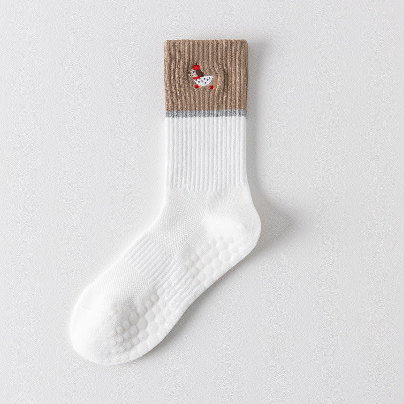 Dachshund Embroidered Two-Tone Ribbed Crew Grip Socks - White