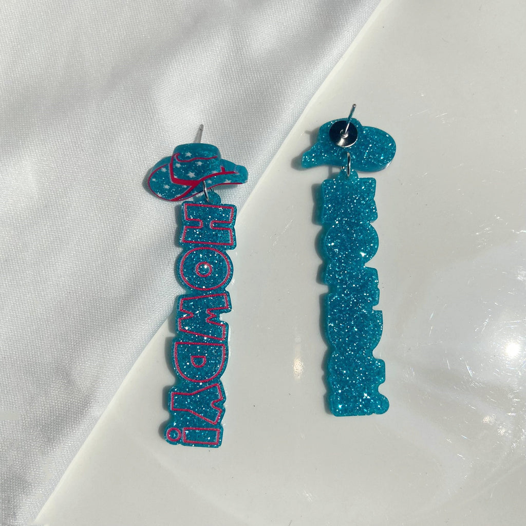 Western Howdy Glitter Statement Earrings - Blue