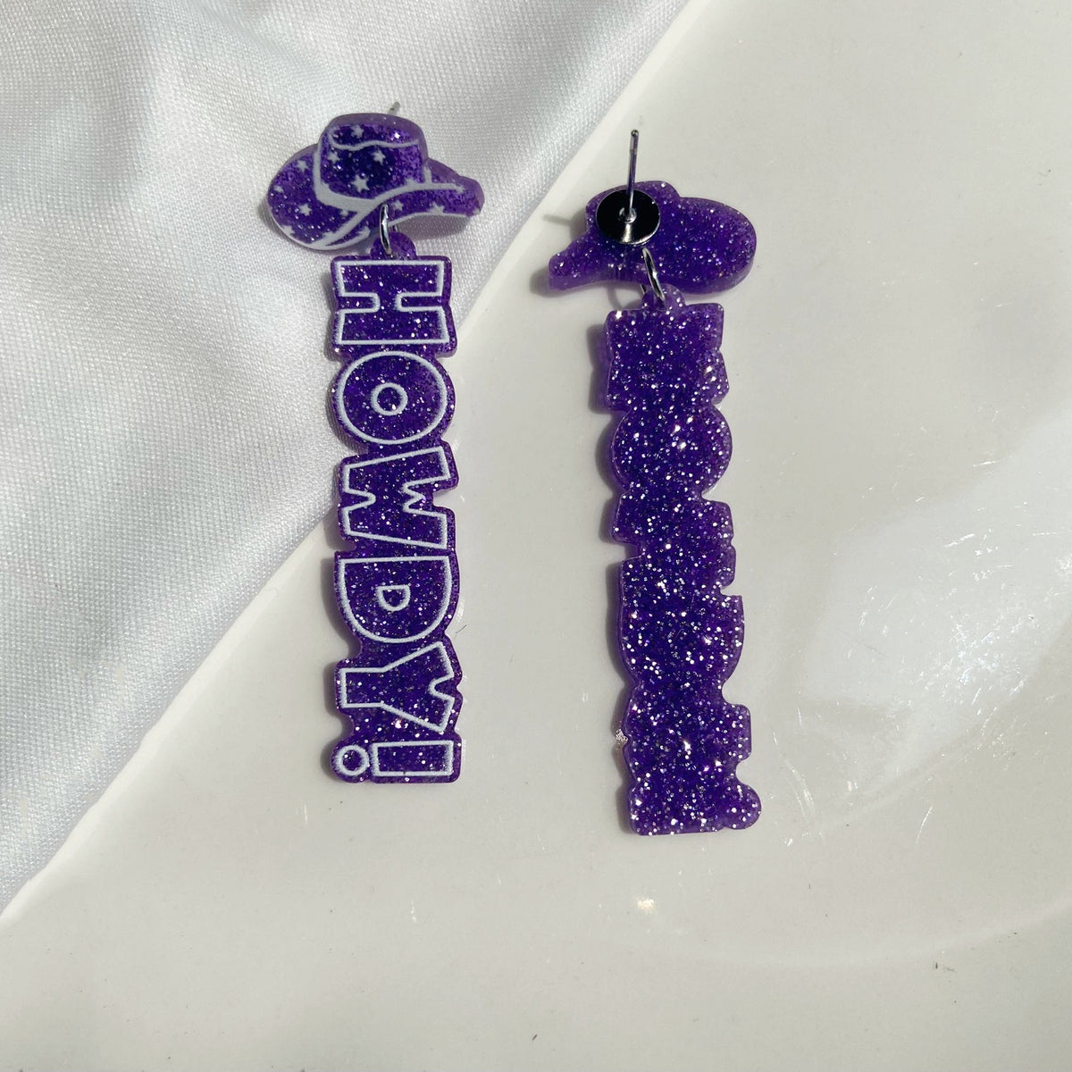 Western Howdy Glitter Statement Earrings - Purple