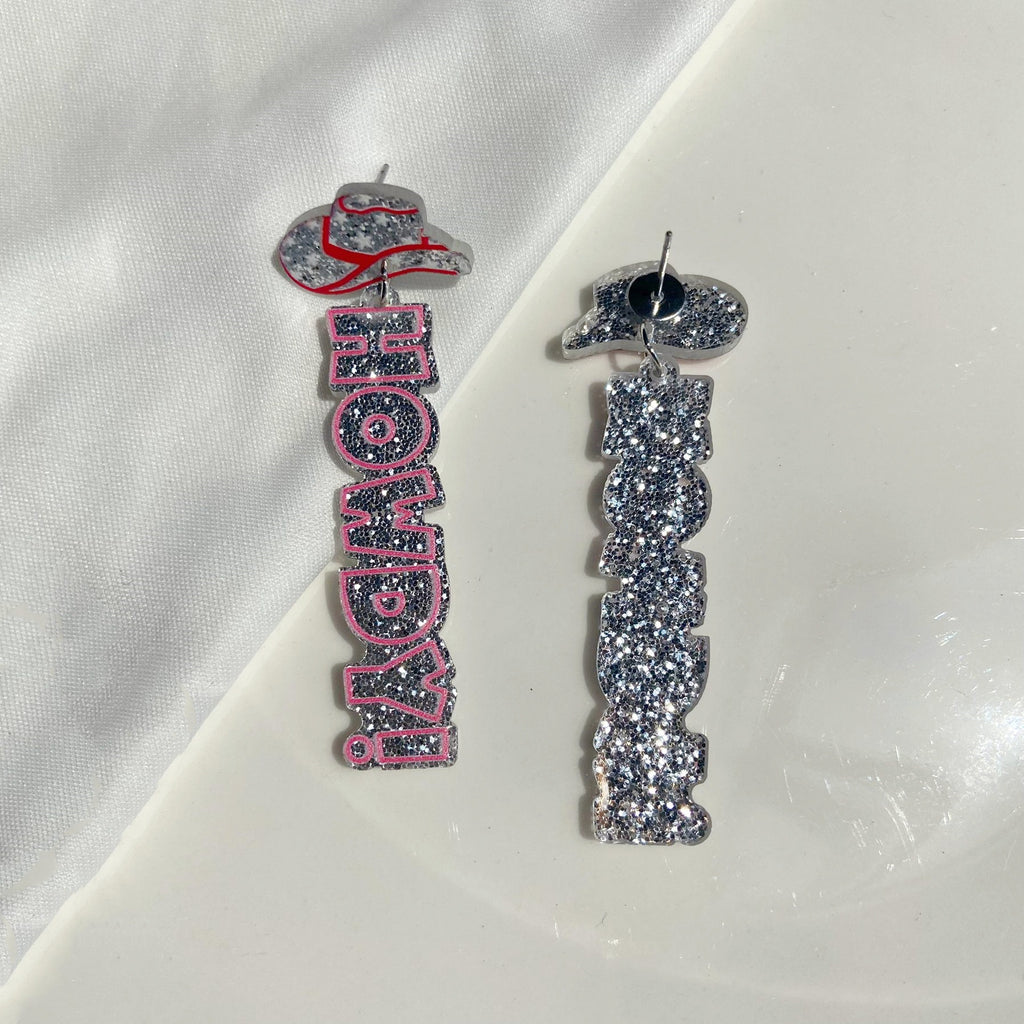 Western Howdy Glitter Statement Earrings - Silvery
