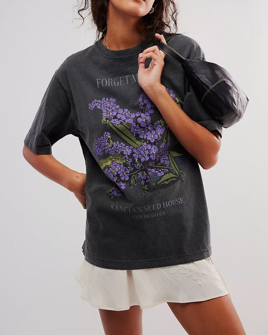 Vintage Botanical Graphic Oversized Tee - DarkGray