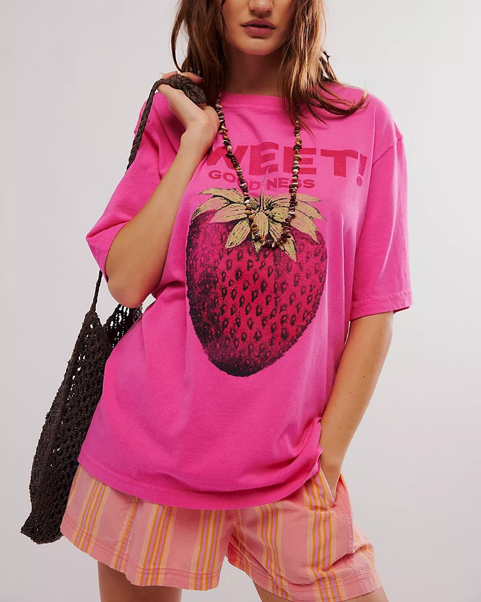 Vintage Botanical Graphic Oversized Tee - Strawberry