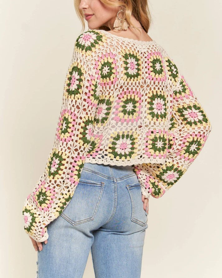 Granny Square Crochet Cropped Pullover - Apricot - 1