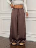 Flowy Satin Drawstring Wide Leg Palazzo Pants - Chocolate
