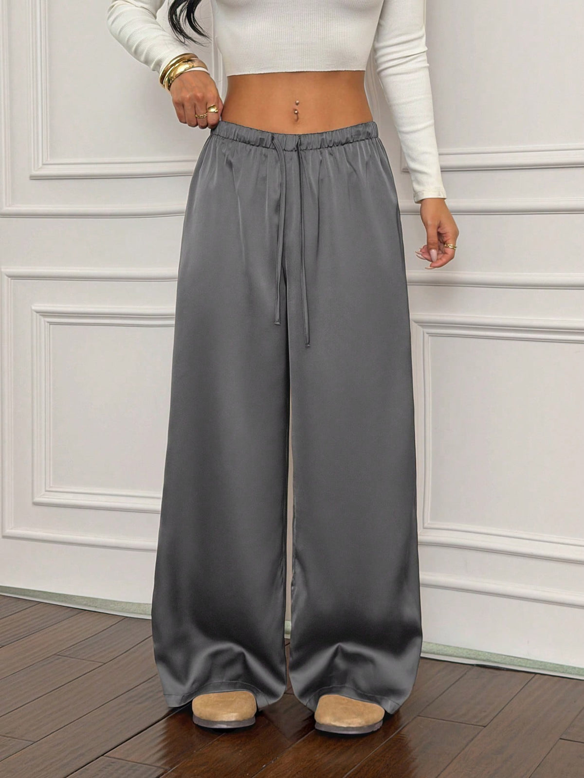 Flowy Satin Drawstring Wide Leg Palazzo Pants - Gray
