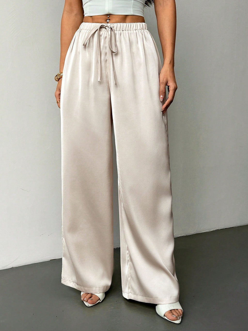 Flowy Satin Drawstring Wide Leg Palazzo Pants - Ivory