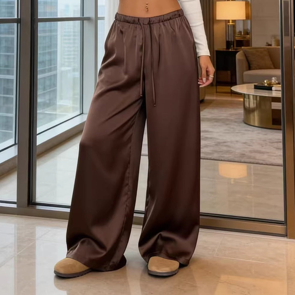 Flowy Satin Drawstring Wide Leg Palazzo Pants