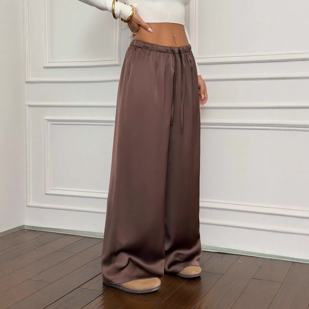 Flowy Satin Drawstring Wide Leg Palazzo Pants