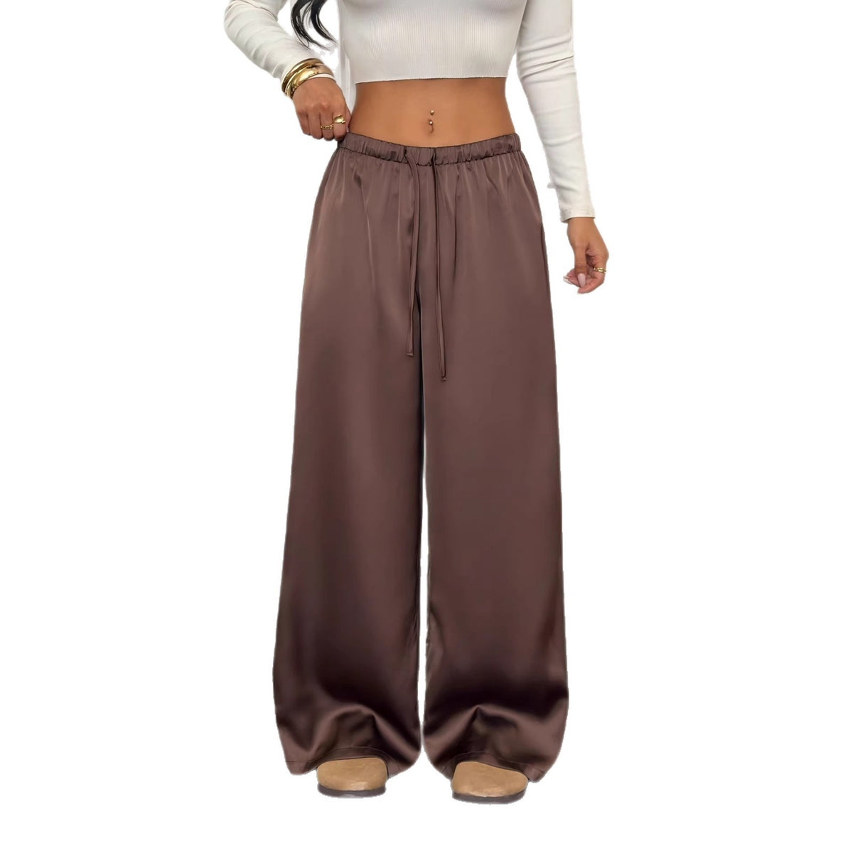 Flowy Satin Drawstring Wide Leg Palazzo Pants