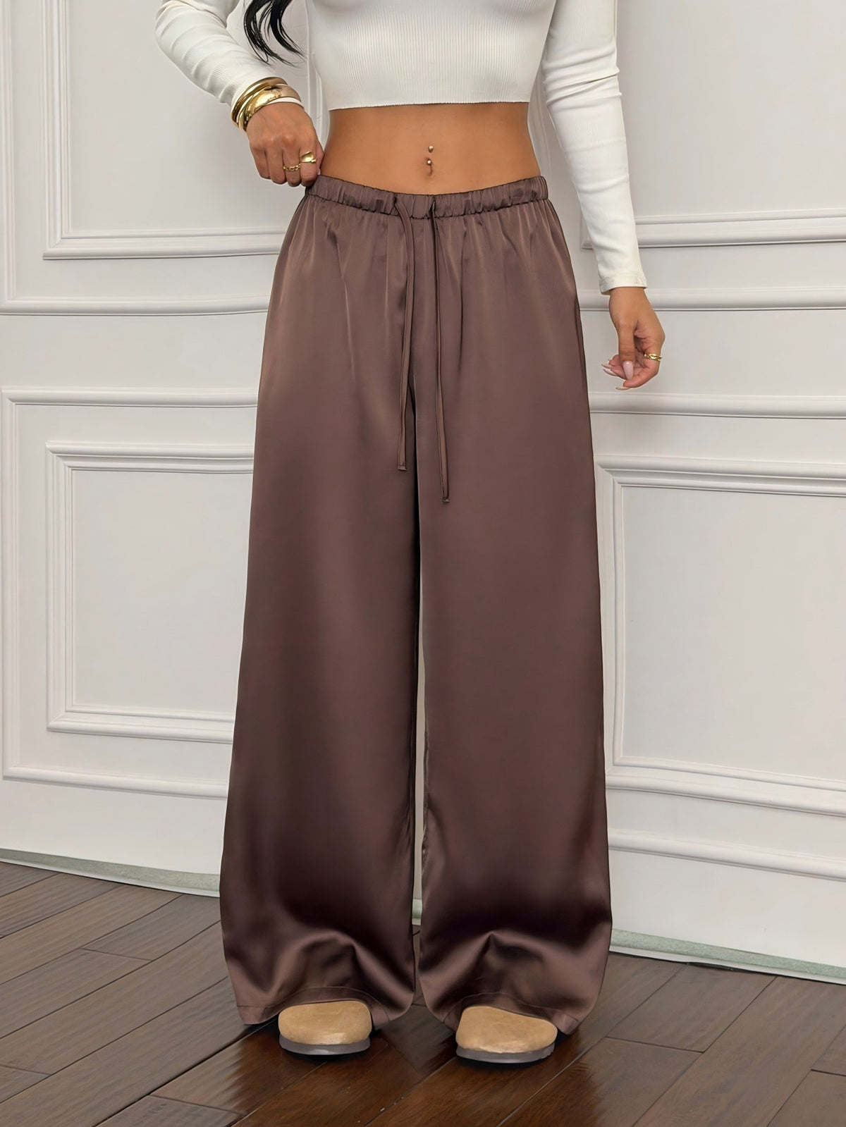 Flowy Satin Drawstring Wide Leg Palazzo Pants