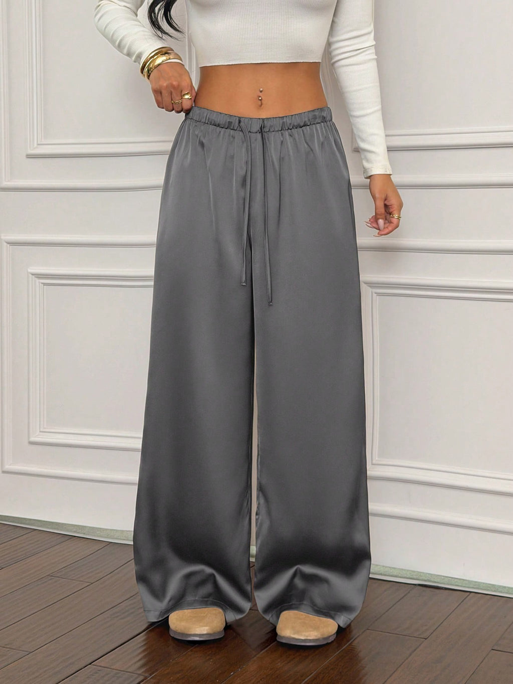 Flowy Satin Drawstring Wide Leg Palazzo Pants