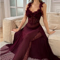 Petal Ruffle Lace Corset Sheer Mesh Maxi Slip - Burgundy